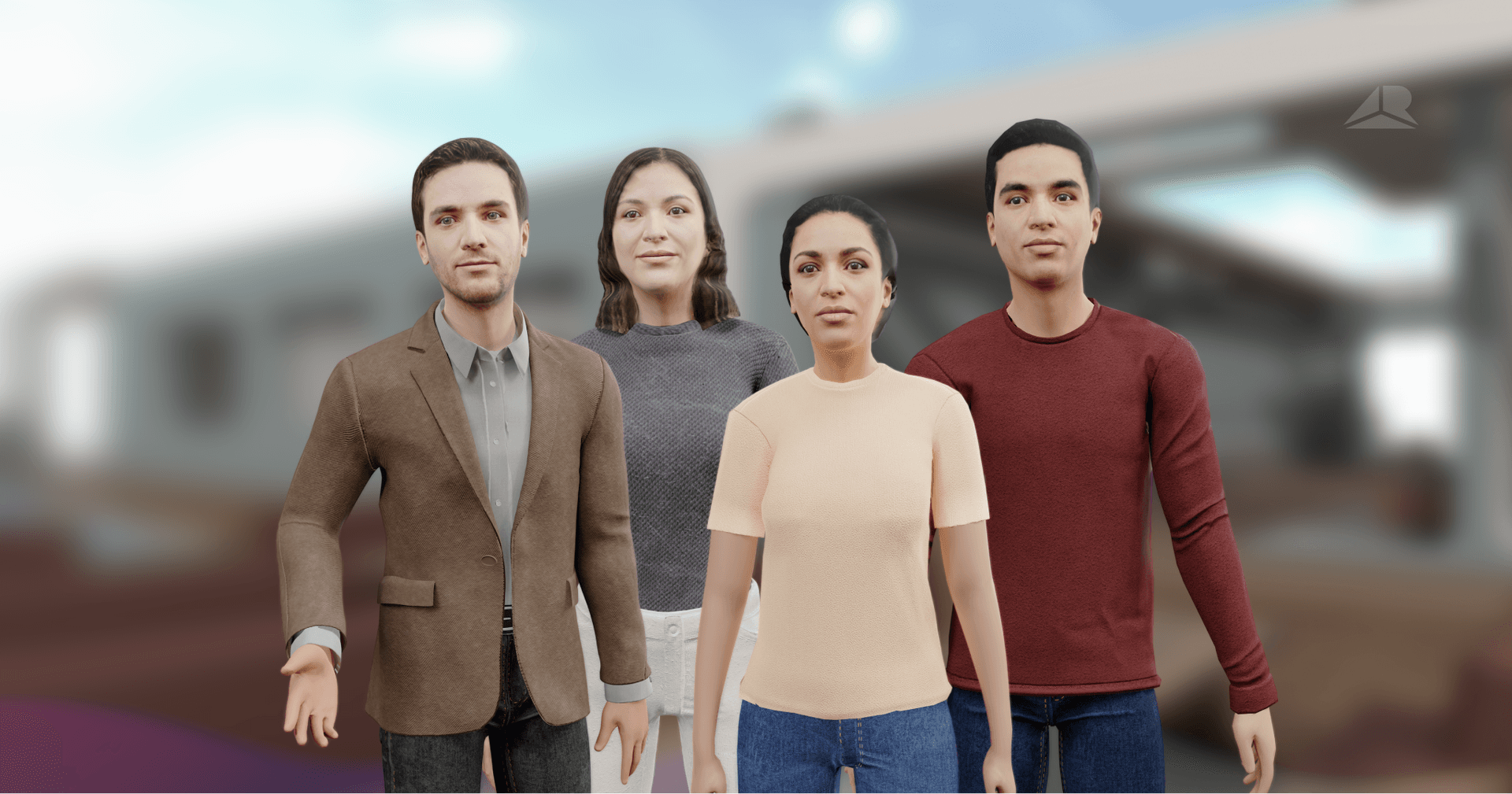 A group of 2 female, 2 male avatars standing in front of a blurry background.